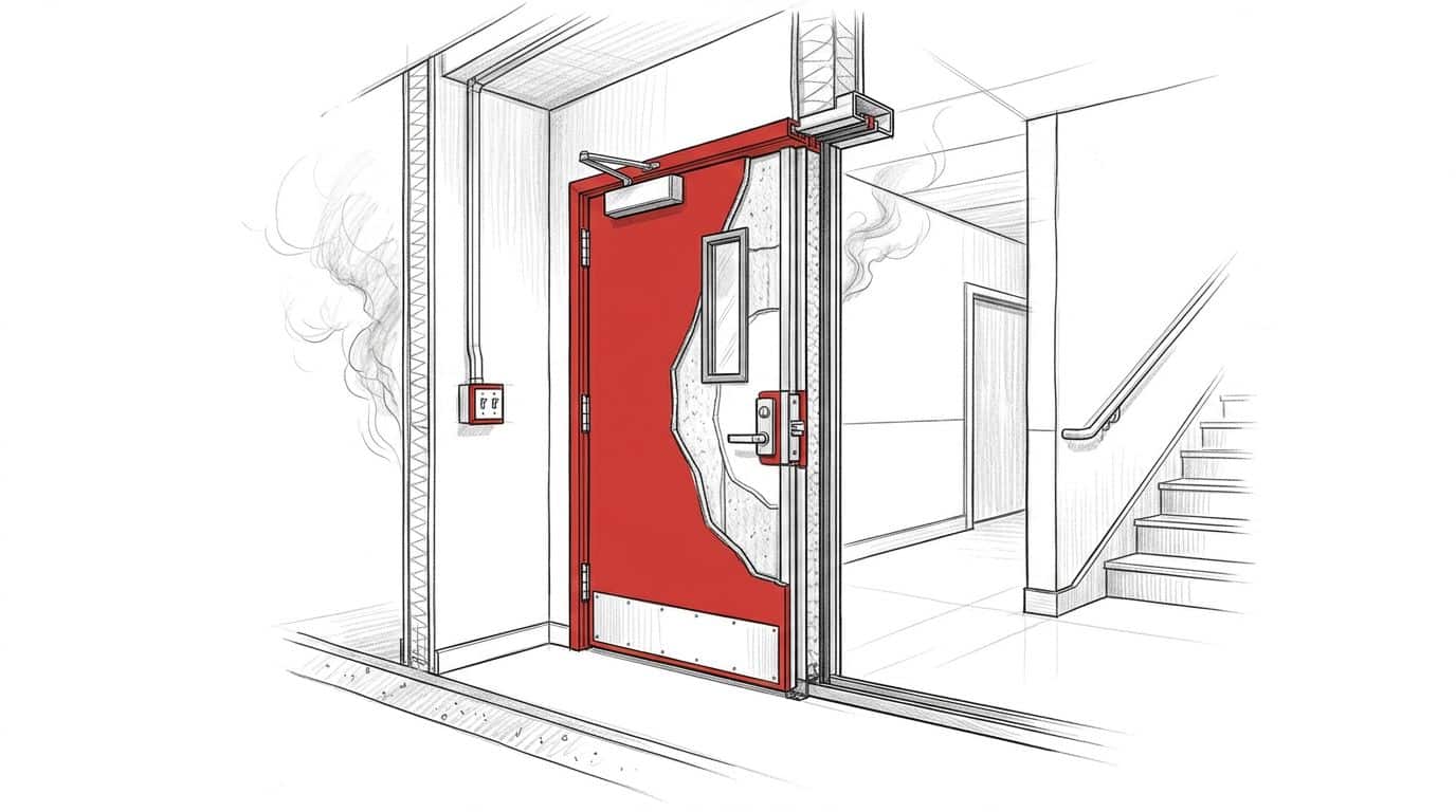 A red-accented fire door separates a commercial corridor from a protected stairwell.